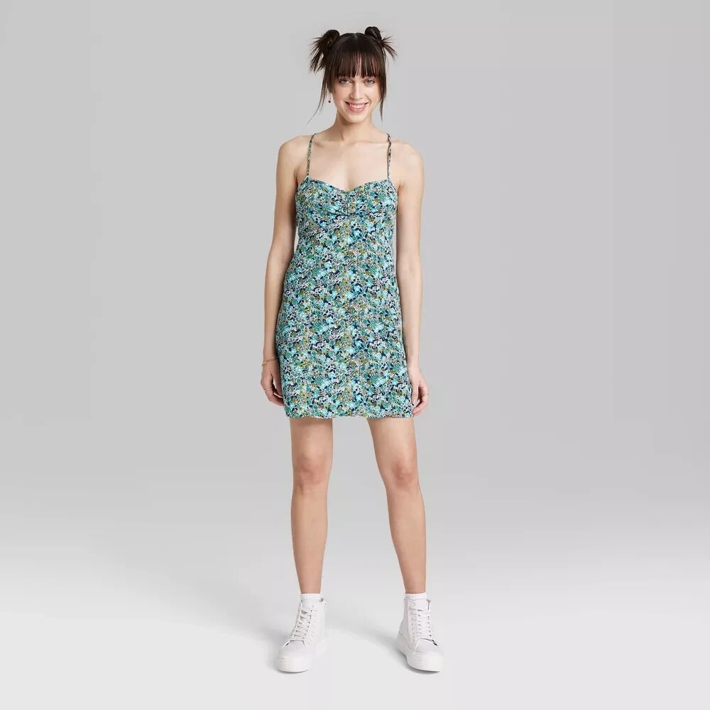 Wild Fable Blue Floral Mini Dress Sweetheart Neck Tie Back Strappy Womens Small
